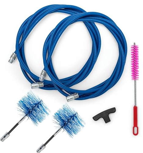 BARETTO Kit Ramonage Poêle à Granulés, Kit Nettoyage Conduit Poêles à Granulés avec Rallonge Flexible 6 Mètres et Coude à 90°, 2 Brosses Flexibles en Nylon 80 mm et 100 mm (6 M)