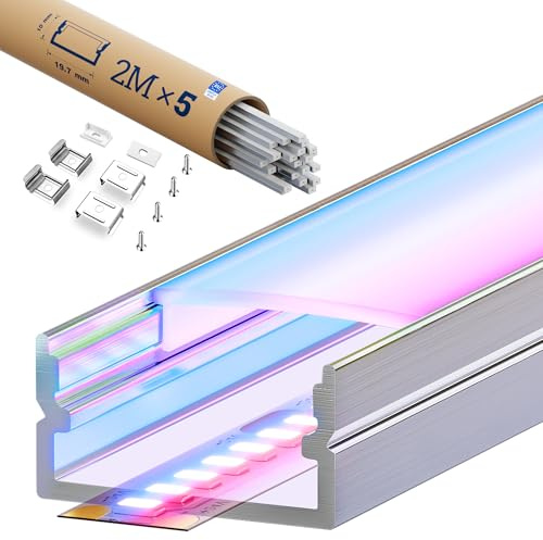 KOSOOM LED Profil 1m x 2 Stück, LED Unterputz Profil für Led Streifen bis 17mm, Aluprofil 19,7 x 10 mm mit Flügel 26,8 mm Mit Lichtdiffusor aus PC, inkl. Montagezubehör