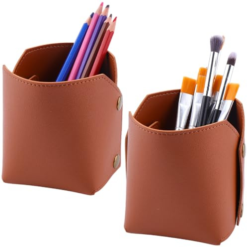 CALFOVERA 2 Pot à Crayons Multifonction en Cuir PU Marron Boîte de Rangement pour Pinceaux de Maquillage à Paillettes Organiseur de Bureau