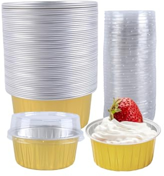 50 Pcs 5oz Reusable Aluminum Foil Cupcake Baking Cups Mini Dessert Pudding Cups with Lid Oven Safe Baking Containers Perfect for Cakes Puddings Jello Great for Parties and Events Versatile Easy to Use