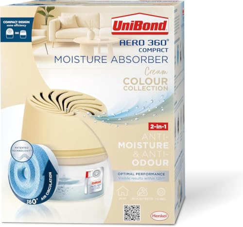 UniBond Aero 360° Moisture Absorber, Cream, 1 Device + 1 Tab 450 g | Colour Collection Cream Design, Dehumidifier and Condensation Absorber, Reduces Excess Moisture in the Home