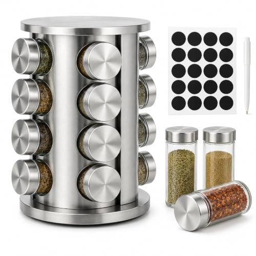 Doria Spice Rack Organiser with 16 Spice Jars, Thick and Strong Spice Racks Free Standing Carousel Spice Storage Can Rotated 360° (Stainless Steel)
