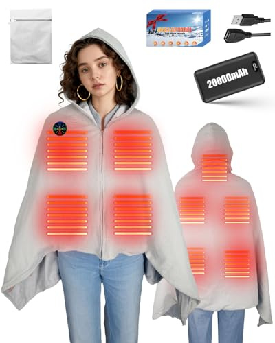 Olutula Electric Heated Blanket 150x80cm, with Power Bank 9 Heating Zone Heated Poncho with Detachable Hood and Zipper Front, USB Heated Blanket for Home Office Outdoor 3 Modes, Machine Washable