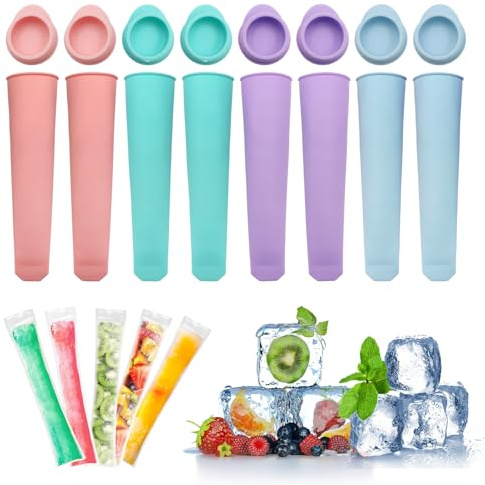 Scettar Lot de 8 Moule à Glace en Silicone(4 couleurs), Popsicle Mold Réutilisables avec 20 Pcs Moule Sacs Popsicle, parfaits pour les enfants et les adultes