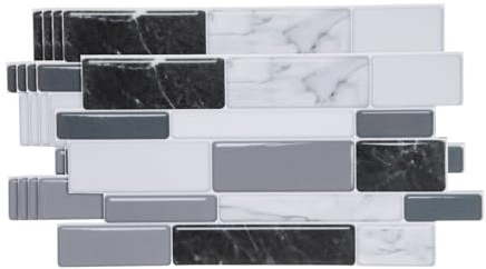 sourcing map 5 azulejos autoadhesivos para salpicaduras de 9.4 x 4.7 pulgadas, textura de mable gruesa 3D, autoadhesivos, papel tapiz para cocina, baño, dormitorio, negro, blanco y gris
