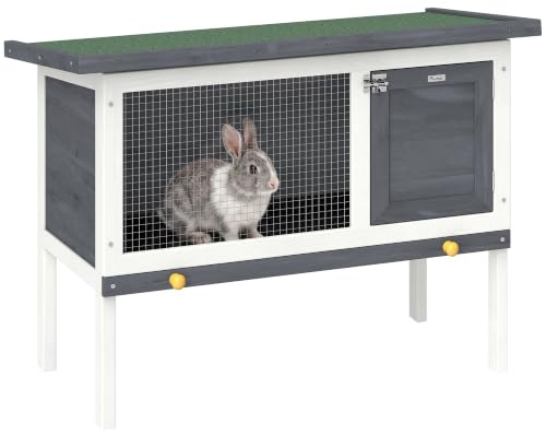PawHut Wooden Rabbit Hutch with Openable Asphalt Roof for Rabbits Grey | Guinea Pig Hutch, Pull-Out Tray, Outdoor Elevated Bunny House, for Chinchillas and Small Animals, Indoor Outdoor Use