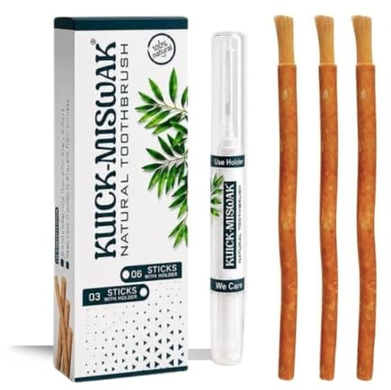 KUICK-MISWAK Natural Miswak Sticks for Teeth Cleaning, 3 Organic Siwak Sticks with Holder, Natural Toothbrush for Teeth Whitening, Fresh Breath, Daily Oral Care & Eco-Friendly Dental Hygiene