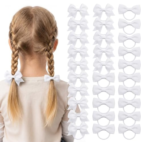 30 Pezzi Fiocchi per Capelli Bianchi per Bambine, Elastici per Capelli con Fiocco, Accessori per Scuola e Code di Cavallo per Bambini e Donne