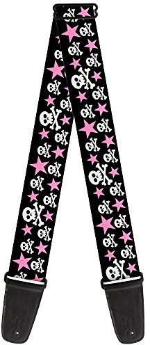 Buckle-Down Gitarrengurt Totenköpfe Sterne Schwarz Weiß Rosa 2 Zoll breit
