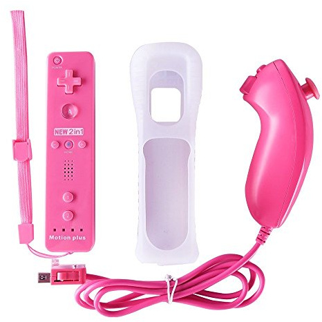 CaaWoo Manette de Jeu Wii et Wii U avec Motion Plus, Contrôleur Nunchuck Câblé, Télécommande avec Mouvement Intégré, Housse de Protection (Rose)