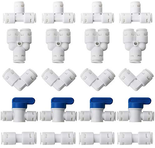 CESFONJER 20 Pcs RO Water Filter Fitting,1/4Pushfit Straight Connector for Water Pipe, Push in to Connect Water Tube Fitting (Y+T+I+L Type Combo + Shut-Off Valve) Upgraded Version Without Blue Buckle