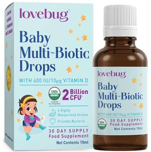 LOVEBUG Baby Probiotic Drops - Organic Probiotics for Immune Support and Baby Constipation & Colic Relief - Tasteless & Sugar-Free Liquid Drops for Newborns, Babies & Infants (0-12 Months) - 10ml