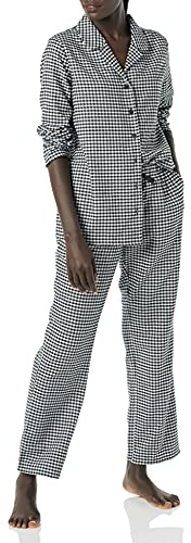 Amazon Essentials Set pigiama in flanella di pantaloni e camicia con bottoni frontali a maniche lunghe Donna, Bianco Nero Percalle, XS