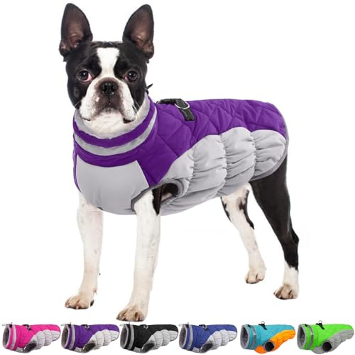 OUOBOB Winter Dog Coat,Large Dog Jacket,Waterproof Pet Jacket with Back Zipper,Pet Coat with Harness Built in,Warm Dogs Coat with Fleece Lined, Snow Jacket Clothes French Bulldog Shiba Inu,Purple,L