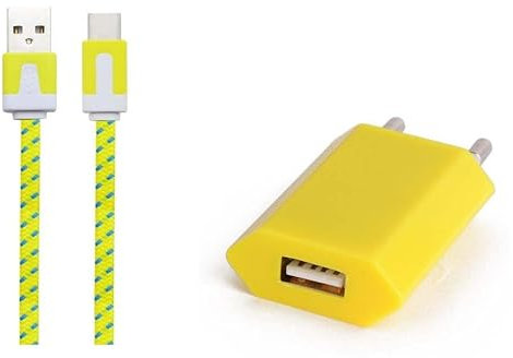 Pack Chargeur pour Samsung Galaxy M12 Smartphone Type C (Cable Noodle 1m Chargeur + Prise Secteur USB) Murale Android (Jaune)