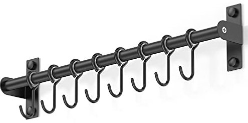 jopoo Portautensili in acciaio inox, da parete, con 8 ganci scorrevoli, per cucina e bagno (nero)