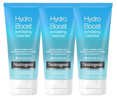 Neutrogena Hydro Boost Gentle Exfoliating Daily Facial Cleanser with Hyaluronic Acid, Clinically Proven to Increase Skin's Hydration Level, Non-Comedogenic Oil-, Soap- & Paraben-Free, 5 Oz, 3 Pack