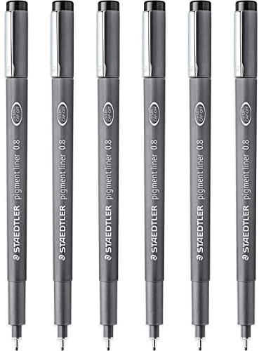 STAEDTLER 308 08-9 Pigment Liner Fineliner, 0,8 mm Spitze, schwarze Tinte, 6 Stück