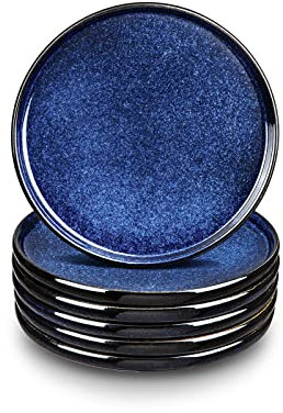 vicrays Ceramic Salad Plates Set - Porcelain 8 Inch Flat Dessert Appetizer Plate for Lunch Home Party Restaurant - Scratch Resistant Microwave Oven and Dishwasher Safe - Set of 6 (Blue)