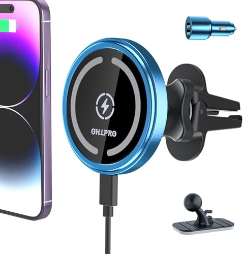 OHLPRO Magsafe Autohalterung mit Ladefunktion & PD3.0 KFZ Ladegerät, 15W Schnelles Laden Handyhalterung Auto Magnet für iPhone 17 16 15 14 13 12 Pro Max Plus, Komplettes Set, Blau