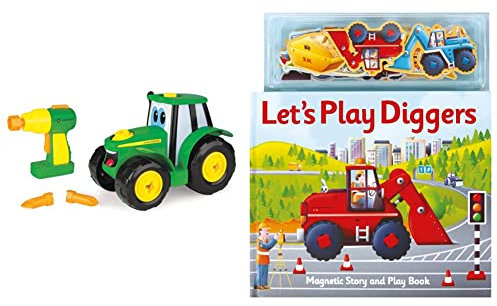 John Deere Build A Johnny Tractor | 16 Piece Building Farm Toy Car | Tractor Toy With Motorised Drill For 18 Months, 2, 3 & 4 Years Old Boys & Girls & Magnetic Let's Play Diggers