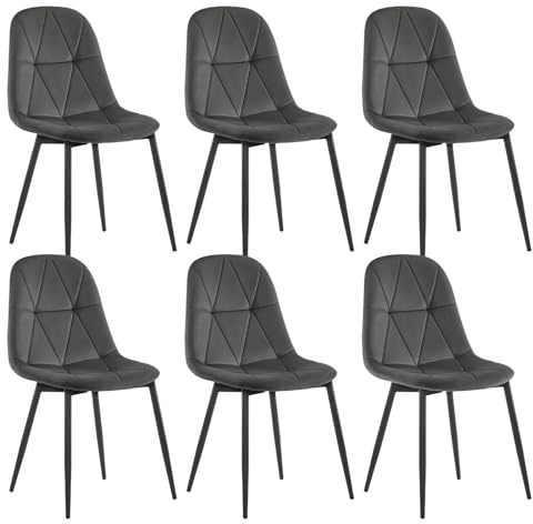 Lestarain Uppsättning med 6 matstolar med ryggstöd, köksstol med sammetsöverdrag, stoppstol av metall, ergonomisk stol för matbord, matsal kök vardagsrum, mörkgrå LCNI109001-6