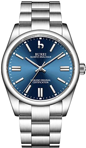 BUREI Armbanduhr, Quarz, Analog, versilbert, für Herren, Klassische Armbanduhr, einfach, Edelstahlarmband, wasserdicht, für Herren, Dunkelblau, Armband