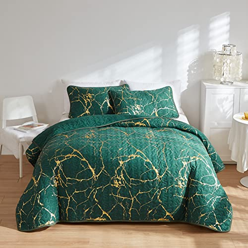HAVOP Green Bedspread King Size Gold Marble Quilted Bedspreads Coverlet | Gold Marble Printed Bedspread, Green Quilted Bedspreads, Matched Pillowcases, Perfect Room Decor, All Season Bedding