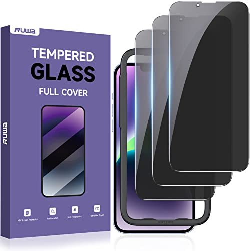 ruwa Privacy Screen Protector for iPhone 13/13 Pro/14/16e [3-Pack][6.1 Inch] Display Tempered Glass Film with Easy Installation Frame, Ultra HD, 9H Hardness, Scratch Resistant, Case Friendly