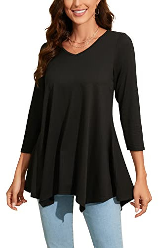 Enmain Maglietta Nero Donna Tunica Scollo V Maniche a 3/4 Top Maglia Manica Lunga Taglie Forti Magliette Donna Elegant Lungo Camicetta,Nero,2XL