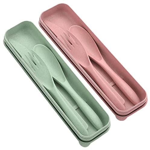 LMOGWL 2pcs Set de vaisselle de voyage portable en plastique, ensemble réutilisable de vaisselle de camping avec boîte, idéal pour l'extérieur du Bureau ou l'utilisation quotidienne (vert/Rose)