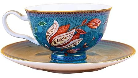 Pfedxoon Lot de 3 tasses à café en porcelaine anglaise avec soucoupe et cuillère pour latte americano avec soucoupe, tasses et soucoupes en porcelaine (bleu saphir)
