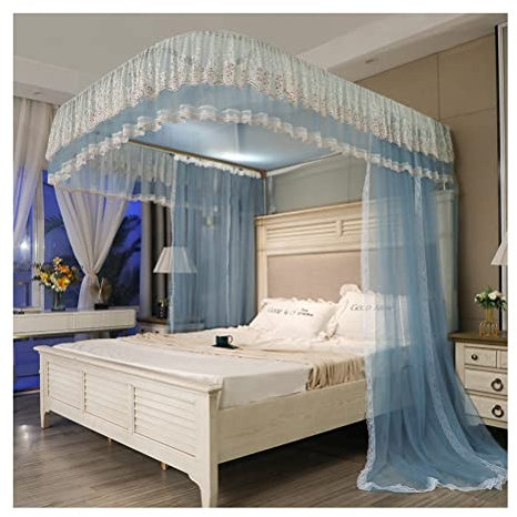 Betthimmel Sommerbett-Überdachung, Moskitonetz, Einzelbett, Doppelbett, King-Size-Bett, Vorhang mit Metallstütze, mehrere Spezifikationen (Color : Blue-3, Size : 180X220CM)