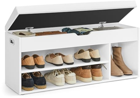 VASAGLE Custos Colección - Banco Zapatero con Cojín, Banco de Almacenamiento, 3 Compartimentos, Estantes, Sala de Estar, Pasillo, Dormitorio, Carga de 150 kg, Blanco Nube LHS130W14