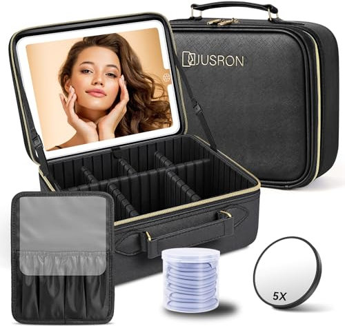 JUSRON Make-up Tasche mit Spiegel-3 Farben LED Licht, Reise Kosmetiktasche mit LED Spiegel, Tragbare Schminktasche mit Verstellbaren Trennwänden, Kosmetikkoffer mit Make-up-Pinsel-Aufbewahrung