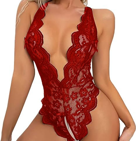 Damunderkläder ett stycke underkläder het bodysuit spets underkläder öppna babydoll slitsade under kvinnors kläder V-ringad teddy underkläder, Bordeaux-, One size