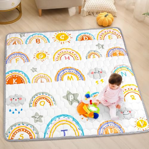 Funsland Tapis D'éveil Bebe Enfant - Antidérapant Tapis Rampant Bébé 127x127cm, Le Rainbow Tapis de Motricité Bébé Pliable, Coton Tapis D'éveil Enfants Epais, Applicable à Intérieur/Extérieur/Clôture
