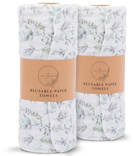 May Bright Wiederverwendbare Papierhandtücher, 2-lagig, waschbare Rollen, Ersatztücher, 2 Rollen, 30 Blatt papierlose Papierhandtücher und wiederverwendbare Servietten mit größerer Saugfähigkeit, Zero