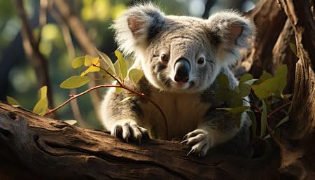 Acryl-Bild 70 x 40 cm: Niedlicher Koala sitzt auf einem Ast und blickt in die Kamera im durch künstliche Intelligenz erzeugten Wald (209324075)