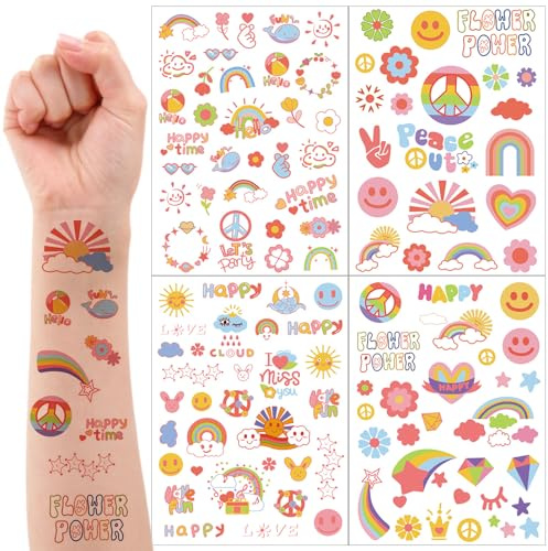 Qpout 4 Blätter Groovy Hippie Temporäre Tattoos für Kinder Retro 70er Jahre Boho Flower Power Zubehör Liebe und Frieden Regenbogen Gesicht Tattoos Aufkleber für Groovy Party Gefälligkeiten