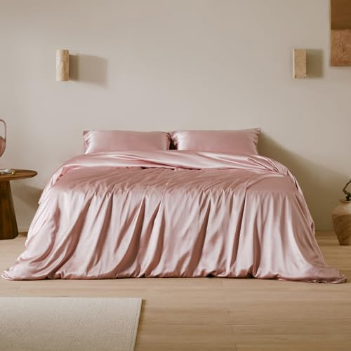 LILYSILK 100% Seidenbettdeckenbezug nahtlos für luxuriöses Schlaferlebnis | 19 Momme, Naturfaser, 400 Fadenzahl, verdeckter Reißverschluss, GOTS-zertifiziertes, 8 Eckbinder, Rosa, 135x200cm