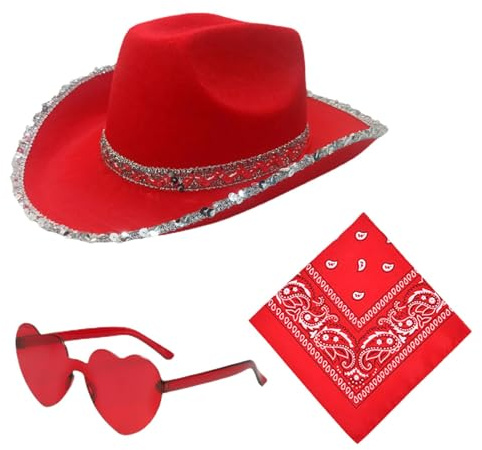 Cowgirl Set - Cowboy Hut Damen Mit Herzbrille und Schal, Pink Glitzer, Karneval Kostüm Zubehör