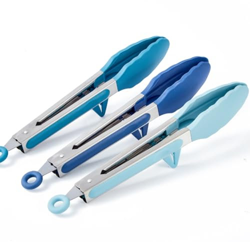 3 Stück Küchenzange, 23cm Küche Zange Set mit Silikonspitzen, Grillzange Kochzange Silikon für Salat, Kochen, Grillen(Verlaufsblau)