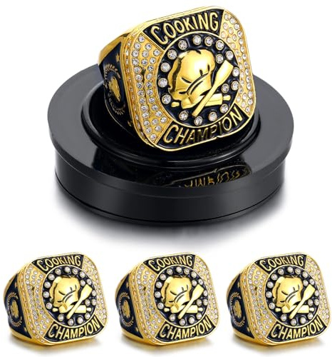 Highergo 3 Pcs Chef Hat Cooking Championship Trophy Ring 1st 2nd 3rd Place Medal Cooking Competition Trophy Prizes with Display Neck Chain and Stand for Chefs Culinary Chili Cook off Party(Gold)