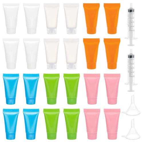 Benecreat 24 st 5 ml klämrör, 6 färger plast tomma lotionsrör med 2 st tratt och 2 st nadellösa sprutor, resestorlek behållare för kroppslotion, ansiktsrengöring dispensering