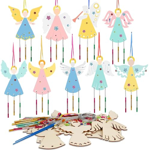 Zoonvii Windspiel Bastelset Kinder,9 Stück Weihnachten Bastelset Kinder DIY Windspiel,Engel windspiel Holz Basteln,Weihnachtsbasteln mit Kindern,Holz Weihnachtsdeko zum Bemalen