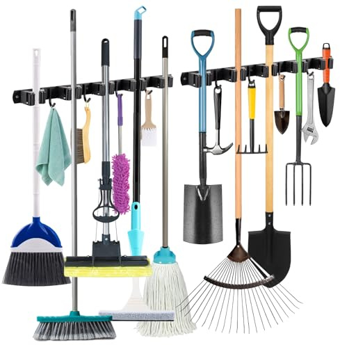 5 Besenhalter mit 4 Haken, 2 Stück Besenhalterung Wandhalterung Besen Mop Halter ohne Bohren oder Bohren, Selbstklebend Werkzeughalter Organizer für Garage,Garten,Abstellkammer,Küche,Badezimmer