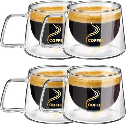 Prismoria Doppelwandige Kaffeegläser 200ml 4er Set, Doppelwandiges Kaffeeglas Tassen, Kaffeetassen Glas Doppelwandig, Isolierte Latte-Gläser, Cappuccino-Latte-Macchiato-Gläser, Hitzebeständig