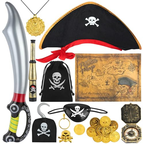11 Teilig Piratenkostüm Kinder, Umfassen Pirate Hat, Piratensäbel, Augenklappe Pirat, Schatzkarte, Fernrohr Kinder, Piratenkostüm für Karneval, Halloween und Piraten Party