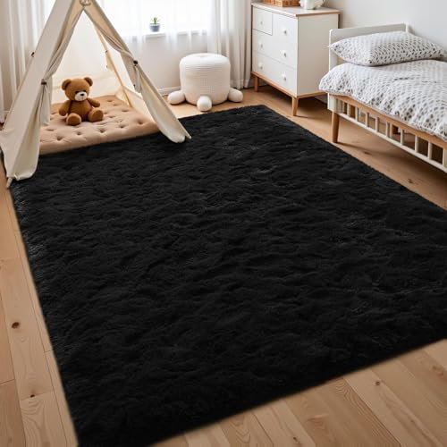 HOKXUAN Hochflor Teppich Wohnzimmer 70 x 100 cm Extra Weich, Pflegeleicht Flauschig Teppich, Hochflor Teppich Langflor Teppich Modernes Einfarbiges Design für Schlafzimmer Kinderzimmer, Schwarz